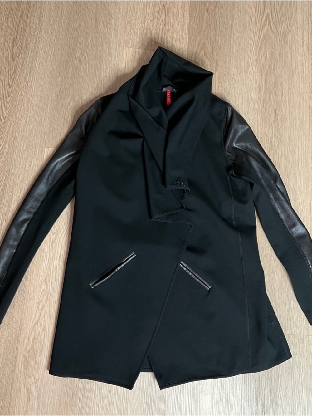 Spanx Women’s Black Draped Collar Coat with Leather Sleeves
